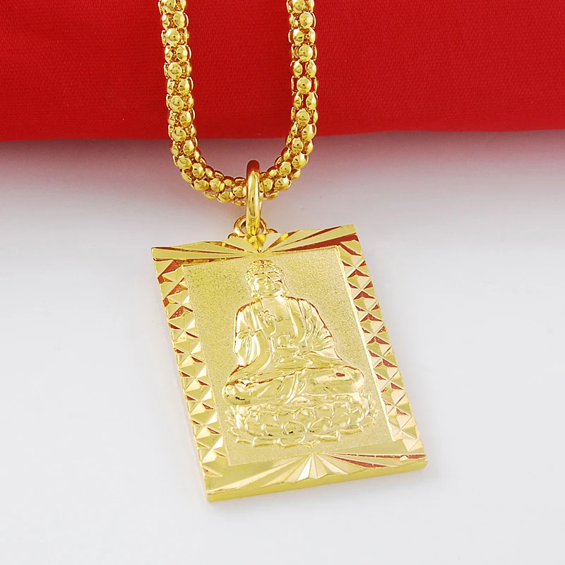 Ny Trendy og Vintage 24K Guld GP Buddha Rektangel Halskæde Til Mænd,Mænds vedhæng med 4mm bred 70cm lang kæde smykker