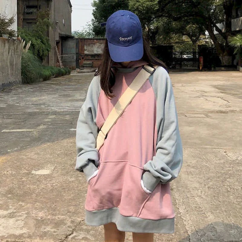 Pige Hættetrøjer Syninger i kontrast farve hætte sweatshirt kvinder efteråret 2021 nye løs Harajuku style top coat tendens high street
