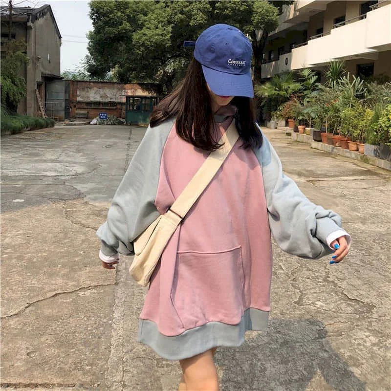 Pige Hættetrøjer Syninger i kontrast farve hætte sweatshirt kvinder efteråret 2021 nye løs Harajuku style top coat tendens high street