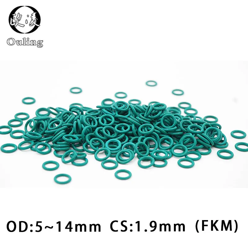 10STK/masse Gummi Ring Grønne FKM O-rings Tætning 1.9 mm Tykkelse OD 5/6/7/8/9/10/11/12/13/14mm ORing Olie Tætning Pakning Brændstof Skive