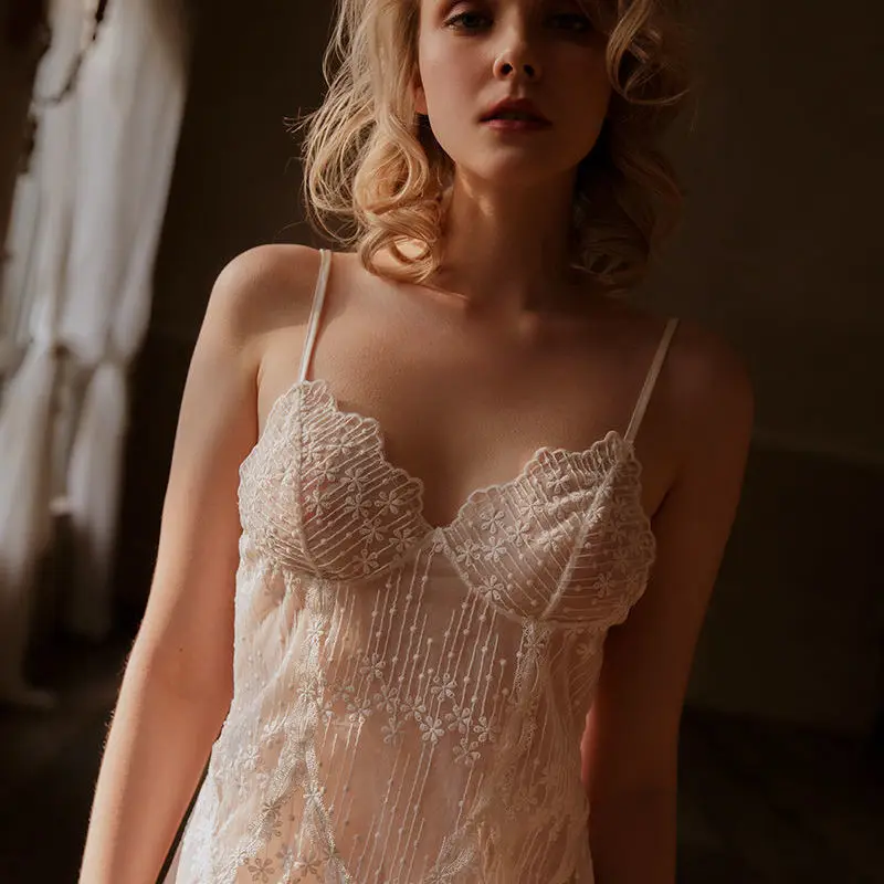 Franske Kvinder Natkjole Nighty for Bruden Sexy Night Dress Mesh White Black Lace Nattøj Se Gennem Pijamas Kjole til at Sove, Ny