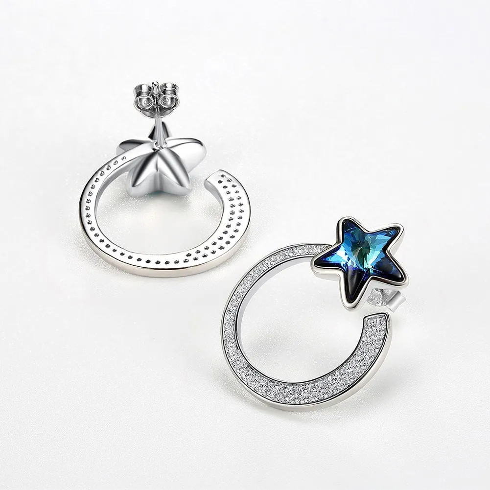 Luksus Østrigske Krystal Ægte 925 Sterling Sølv Øreringe Stud Blue Star Moon Øreringe til Kvinder Dame Smykker Gave