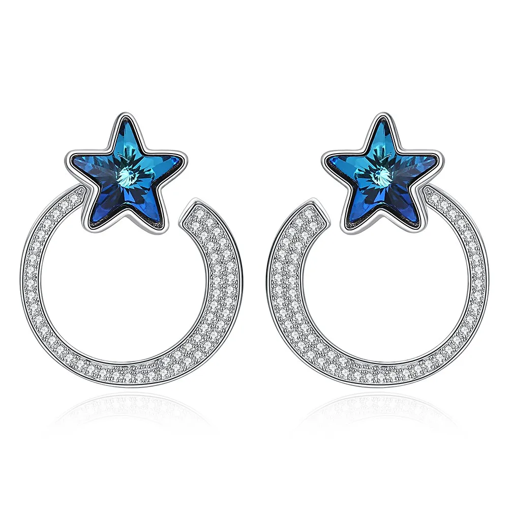 Luksus Østrigske Krystal Ægte 925 Sterling Sølv Øreringe Stud Blue Star Moon Øreringe til Kvinder Dame Smykker Gave