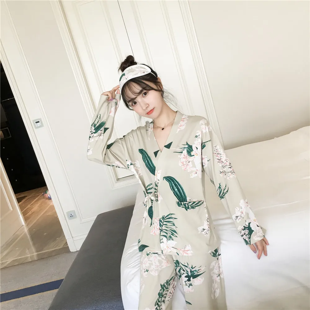 2020 Den Nye Notering i Foråret og Sommeren Bomuld Kimono Pyjamas V-Hals Udskrivning Plus Size Pijama Loungewear Kvinder 2 delt Nattøj