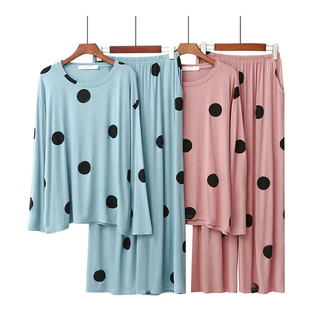 Rund Hals Casual Homewear Passer til Kvinder Efteråret Nye langærmet Pink/Blå Prikker Pyjamas 2STK Nattøj Sæt Sovende Tøj