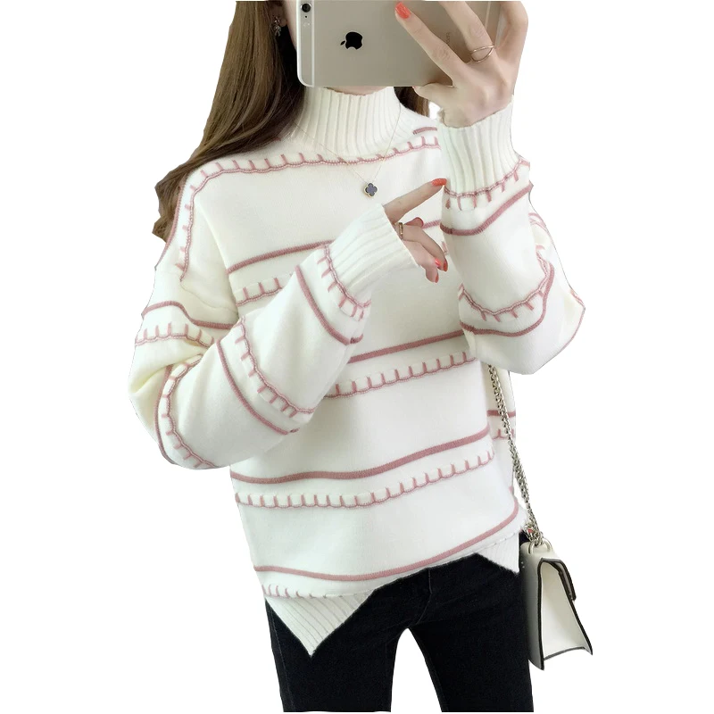 Halvdelen høj krave af Strik Sweater Kvinder 2019 Efterår og Vinter Bunden skjorte, Pullover Løs Mode Kvindelige Stribe Studerende Sweater H733