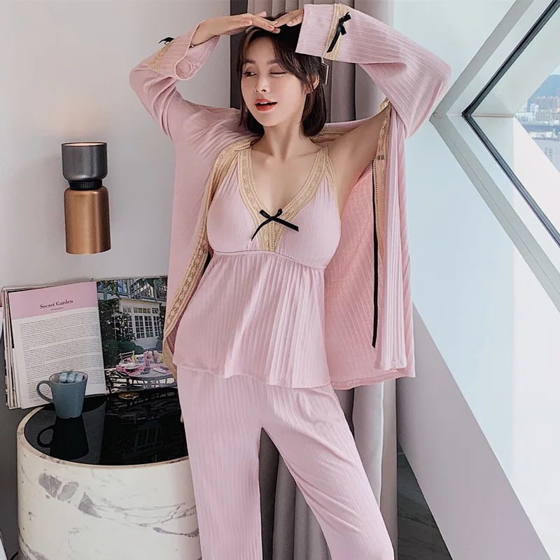 Nyt Badeværelse Sexet Nattøj til Kvinder Pijamas Loungewear Pj Sæt med Lange Ærmer Lace Nattøj 3 Stykke Nighty for Bruden Kimono Robe