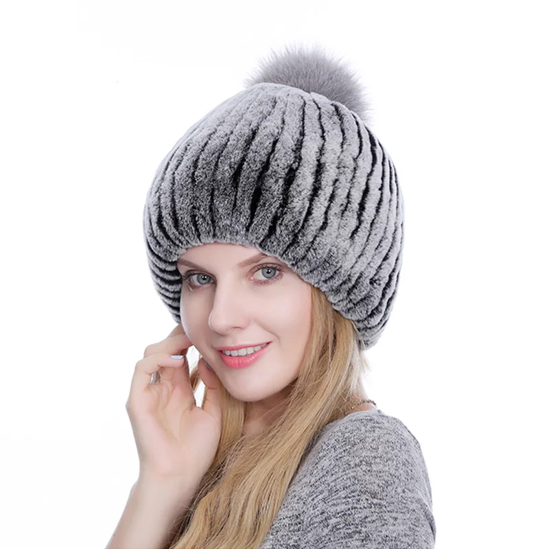 ETHEL ANDERSON Real Rex Kanin Pels Hat Strikkede Huer Vinter Pels Hat til Kvinder med Fox Fur Pompoms Pels, Bedste Kvalitet Caps