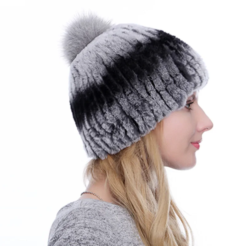 ETHEL ANDERSON Real Rex Kanin Pels Hat Strikkede Huer Vinter Pels Hat til Kvinder med Fox Fur Pompoms Pels, Bedste Kvalitet Caps