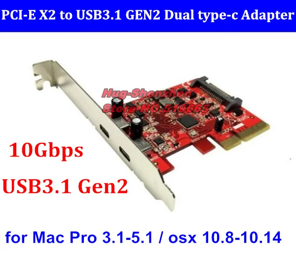 10Gbps 2 ports USB 3.1 Type-C PCI express-Kort PCI-E X2 USB3.1 Gen2 Type-C adapter med sata-kabel til MAC PRO OSX 10.8-10.14