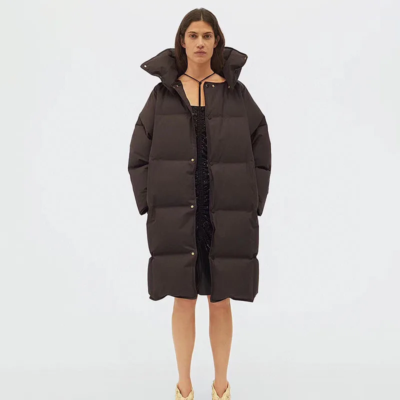 Tykkere varm Dunjakke enkelt breasted ned Parkacoats Mode høj krave fluffy ned frakke kvinder vinteren overdimensioneret