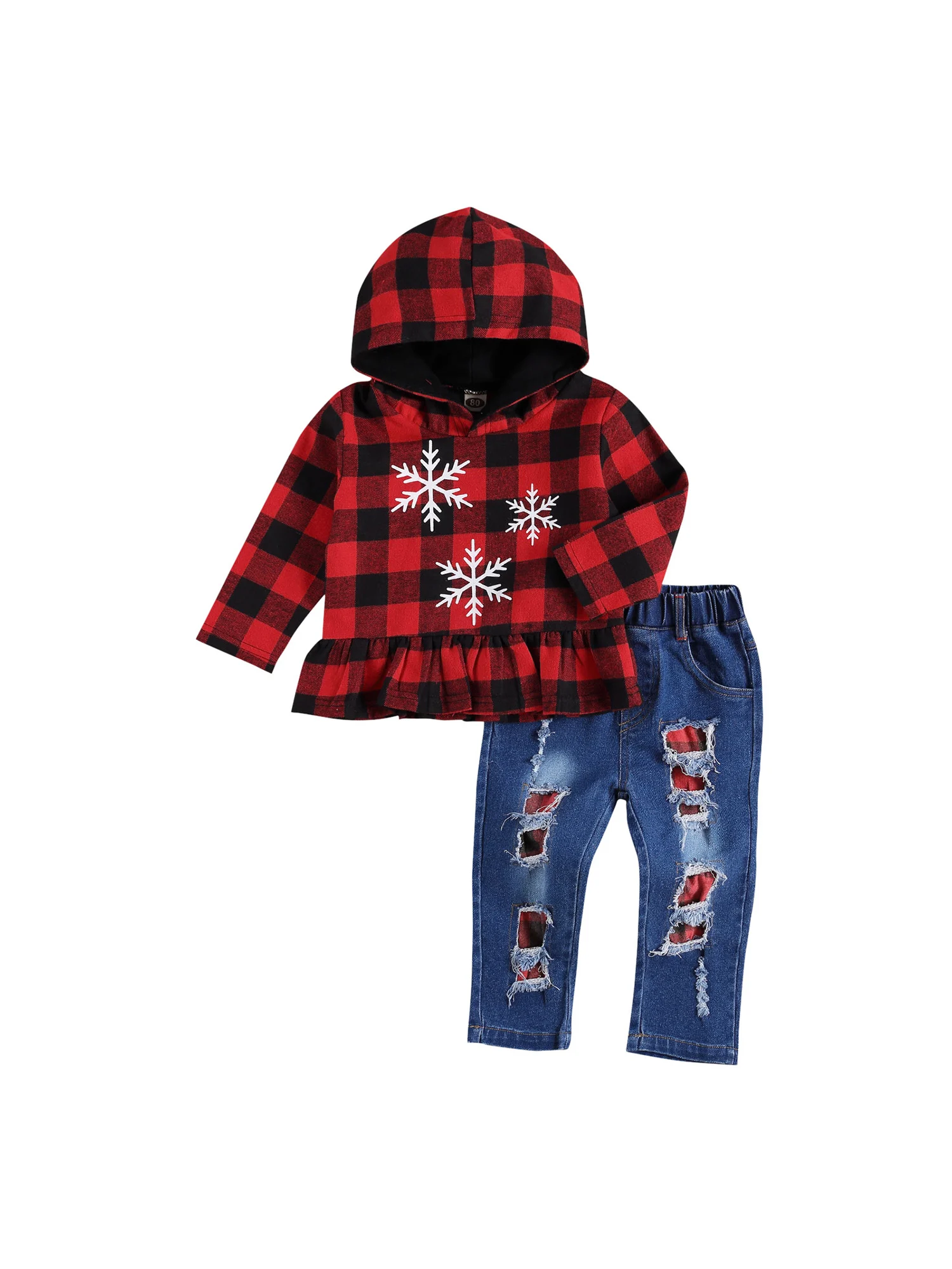 Jul Børn To delt Sæt barns Ternet Top Snefnug Pjusket Hoodie slidte Jeans til Børn Carnival Part Tøj