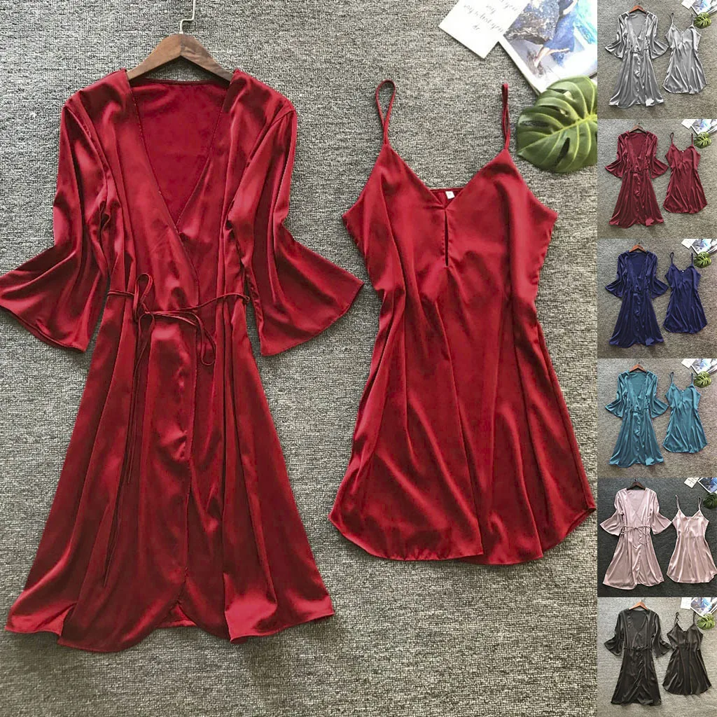 2020 silke kjole & kjole sæt sexet nattøj til kvinder undertøj dressing sommer pyjamas blonder morgenkåbe lounge sove sæt hjem pijamas