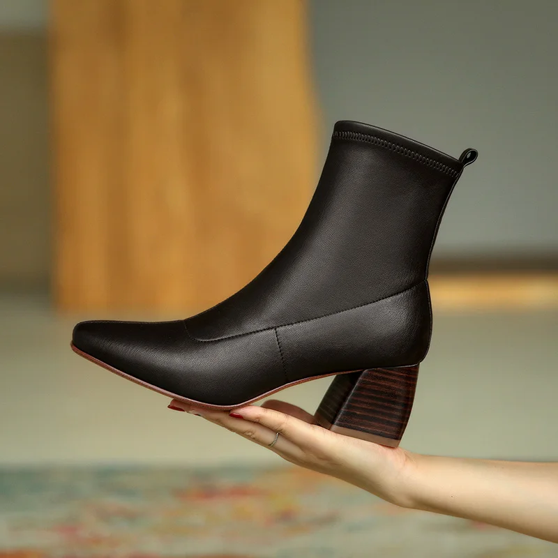 QZYERAI sort brun beige i Ægte læder Kvindelige støvler dame støvler med Høje hæle Kvinders sko Størrelse 34-39