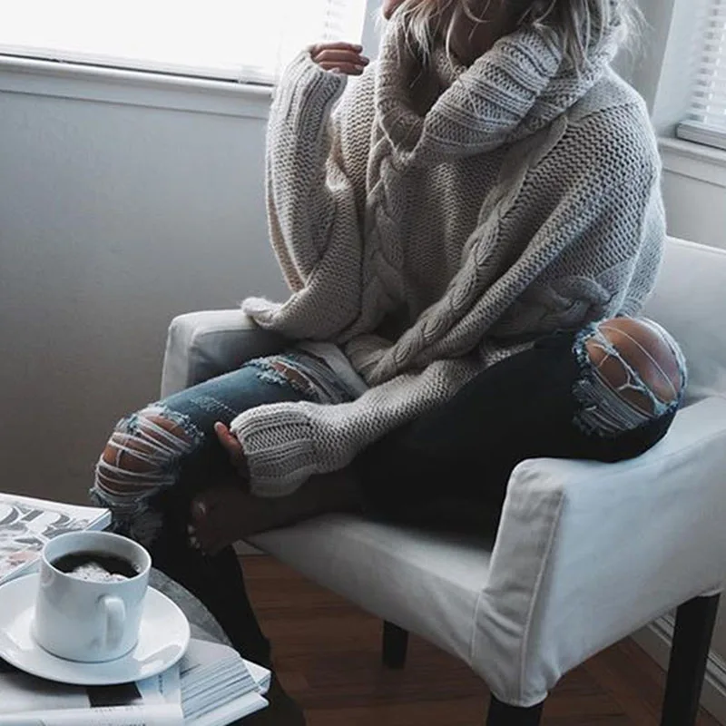 Hot Salg!Kvinder Sweater Turn-down Krave Computer Strikket Casual Pullovere Vinter Tøj Plus Size Kvinder Sweater Strikket Sweater