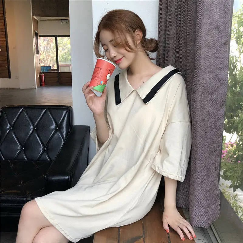 Nightgowns Kvinder Half Sleeve Patchwork Fritid Nattøj Nightdress Dame Streetwear Koreansk Stil Fritid Enkel Sleepshirts