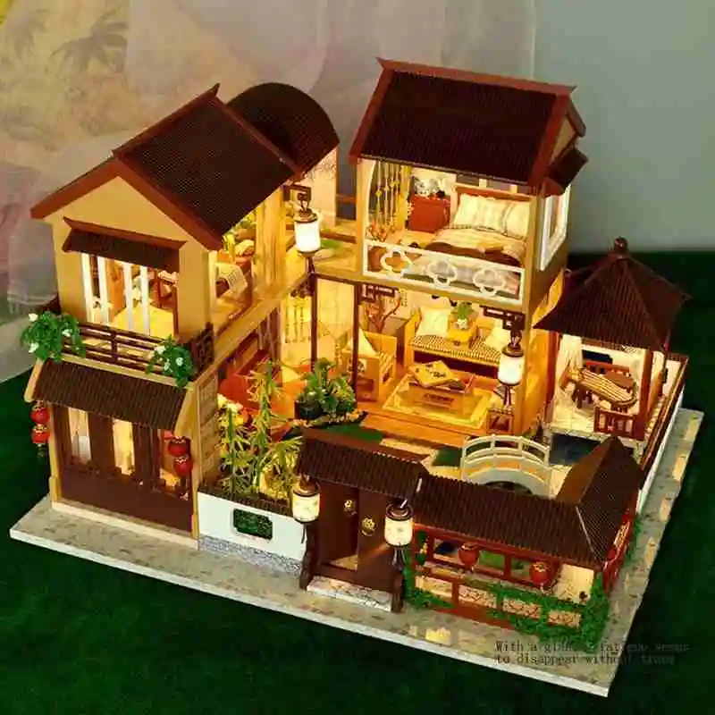 DIY sommerhus i Træ Kit Kreative Håndlavede Dukkehus Opbygning af Model Med Gaver Toy Fødselsdag Møbler Miniature Hus DIY Børn O3F2