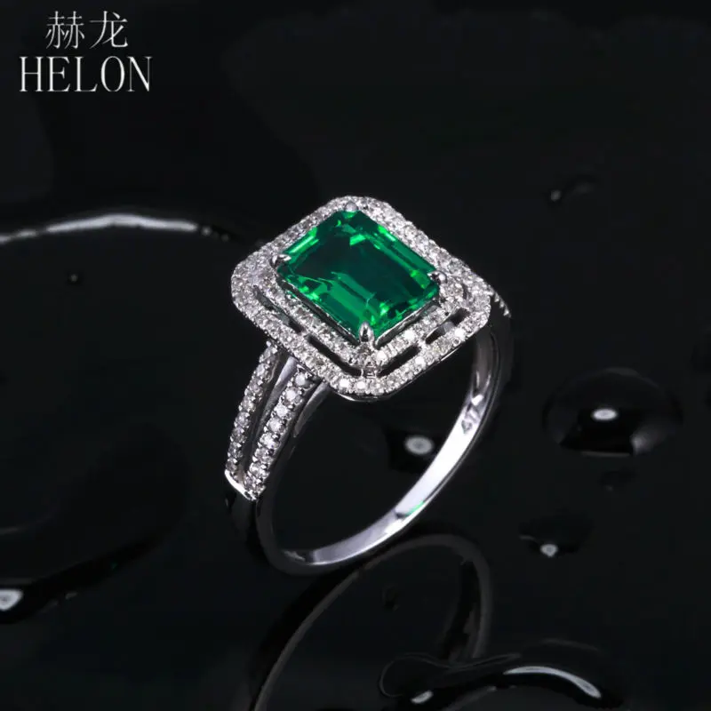 HELON Massivt 14K White Gold 5x7mm Pude Emerald & Diamanter Engagement Ring Indstilling For Kvinder Fødselsdag Anniversarry Bedste Gave