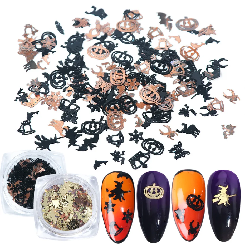 1 kasse af ghost Halloween Ultra-tynd udsøgt sort guld græskar-bat-witch-snowflake-bell 3D negle DIY nail art smykker patch