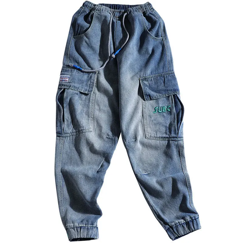 Fashion Streetwear Mænd Jeans Retro Blå Loose Fit Store Pocket Cargo Bukser Mænd Denim Harem Bukser Japansk Hip Hop Jeans Til Mænd