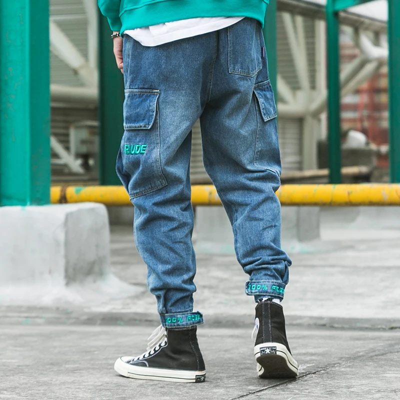 Fashion Streetwear Mænd Jeans Retro Blå Loose Fit Store Pocket Cargo Bukser Mænd Denim Harem Bukser Japansk Hip Hop Jeans Til Mænd