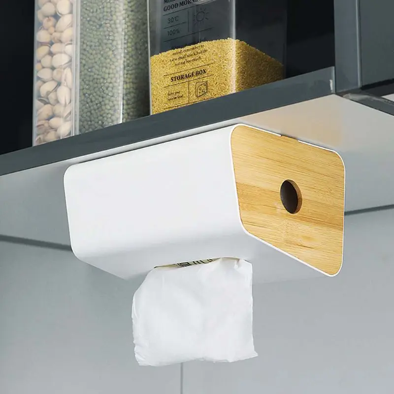 Vægmonteret Bambus Køkken Tissue Box Facial Køkkenrulle, Serviet Storage Rack Holder Badeværelse Bil