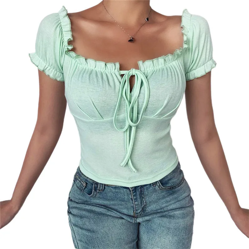 Kvinder Sexy Bryst snøre Plisserede T-shirt fransk Solid Farve Slank Kort Puff Ærme Toppe