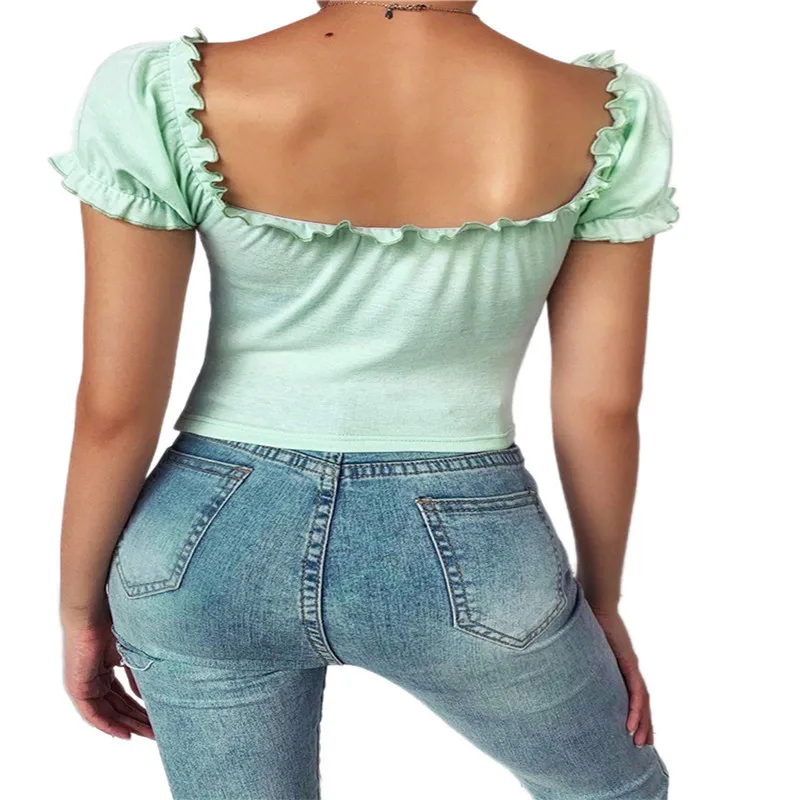 Kvinder Sexy Bryst snøre Plisserede T-shirt fransk Solid Farve Slank Kort Puff Ærme Toppe