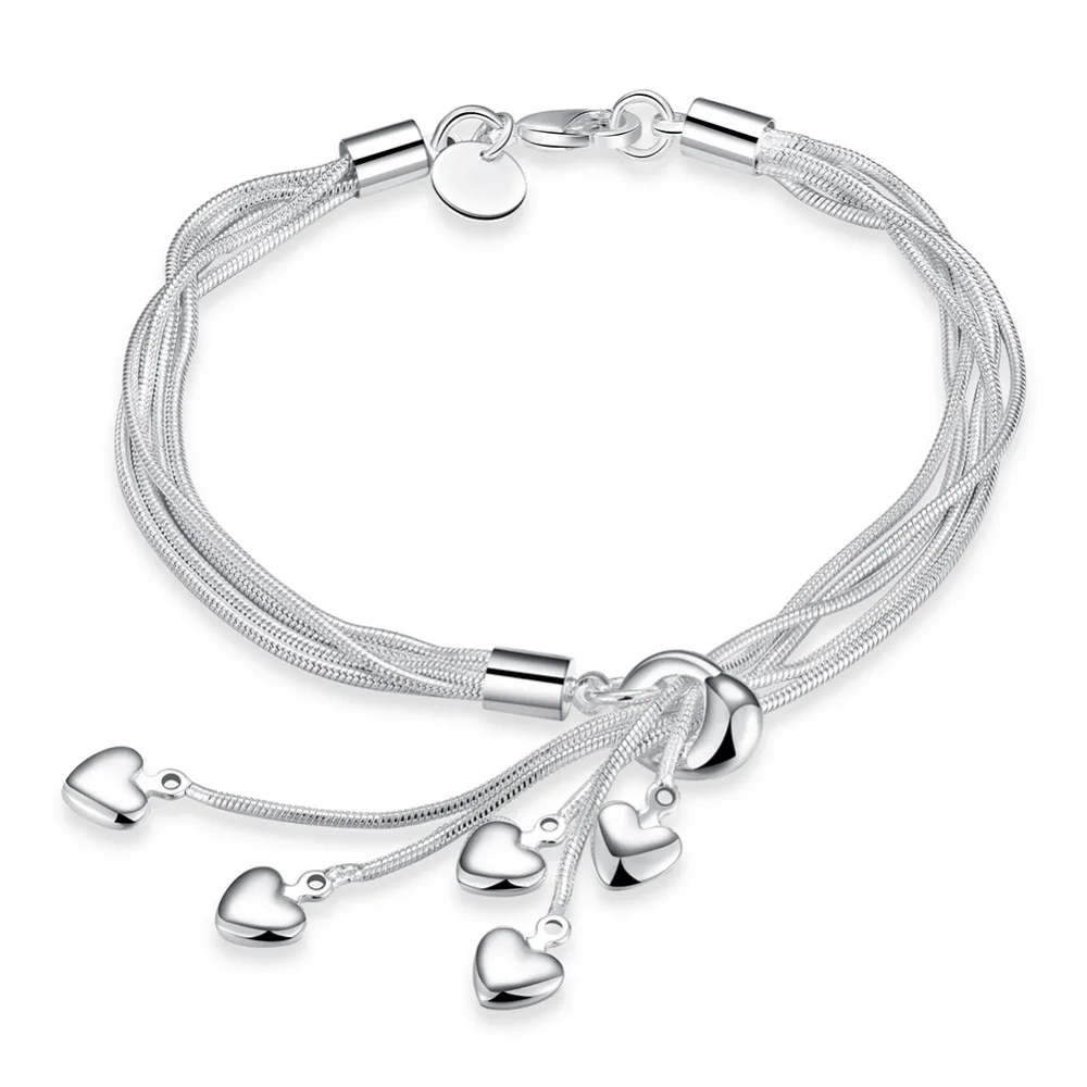 925 Sølv Armbånd til Kvinder Chain Hjerte Vedhæng Armbånd Sølv Smykker Fine Mode Armbånd i Top Kvalitet Engros Detail-20cm