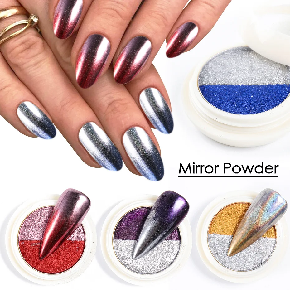 1box of10g-8solid to-farve glitter nail Solid laser pulver titanium guld pulver magiske spejl vand krusning nail powder to-farve