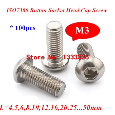 100pcs M3 ISO7380 SUS304 A2 Runde Skruer Hexagon Socket Button Head Skrue Bolte M3*4/5/6/8/10/12/16/20/25/30/40/50mm