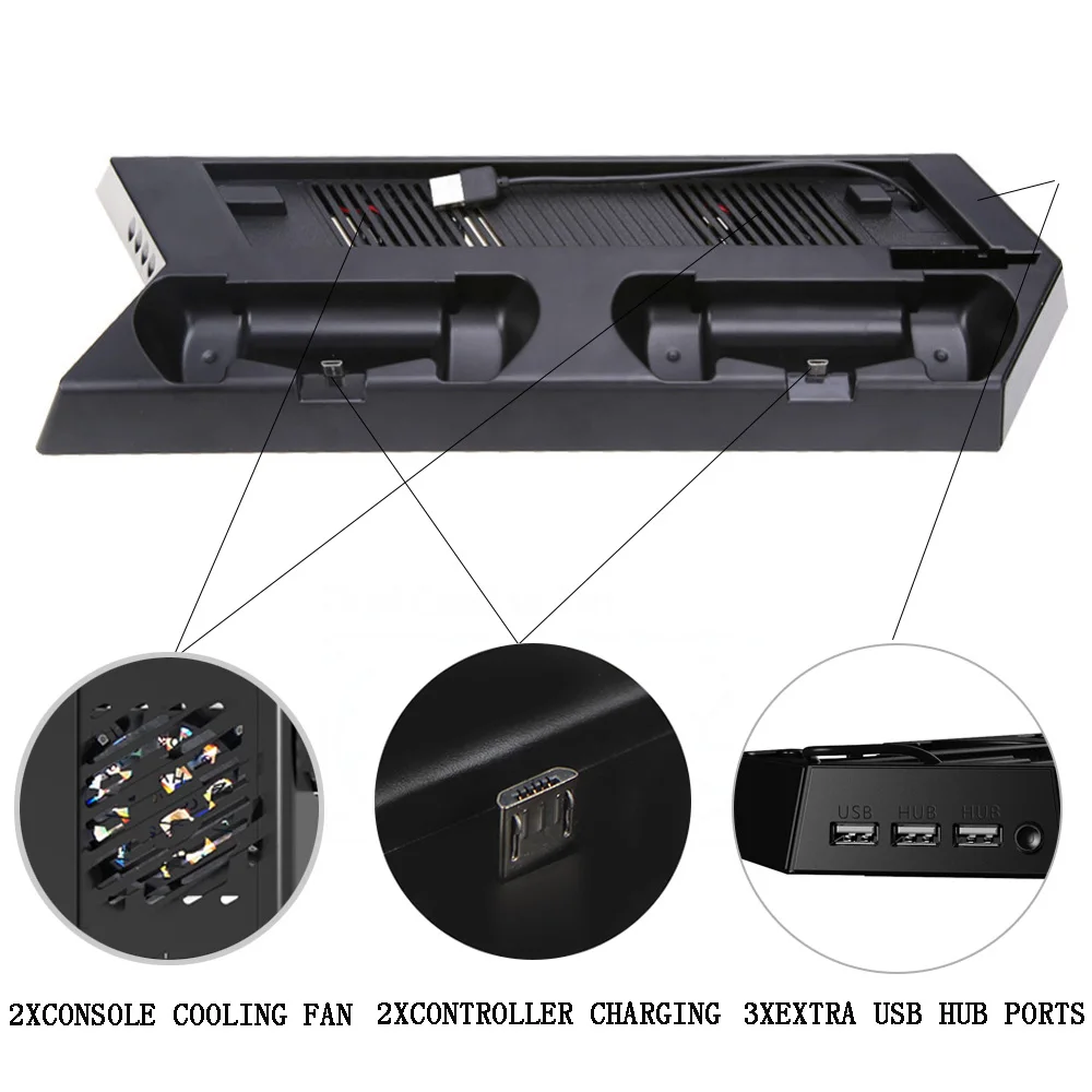 For PS4 Dobbelt Oplader Lodret Controller Dock Station Oplader, Beslag Stå+Ventilator+USB Power HUB For Playstation4 PS4