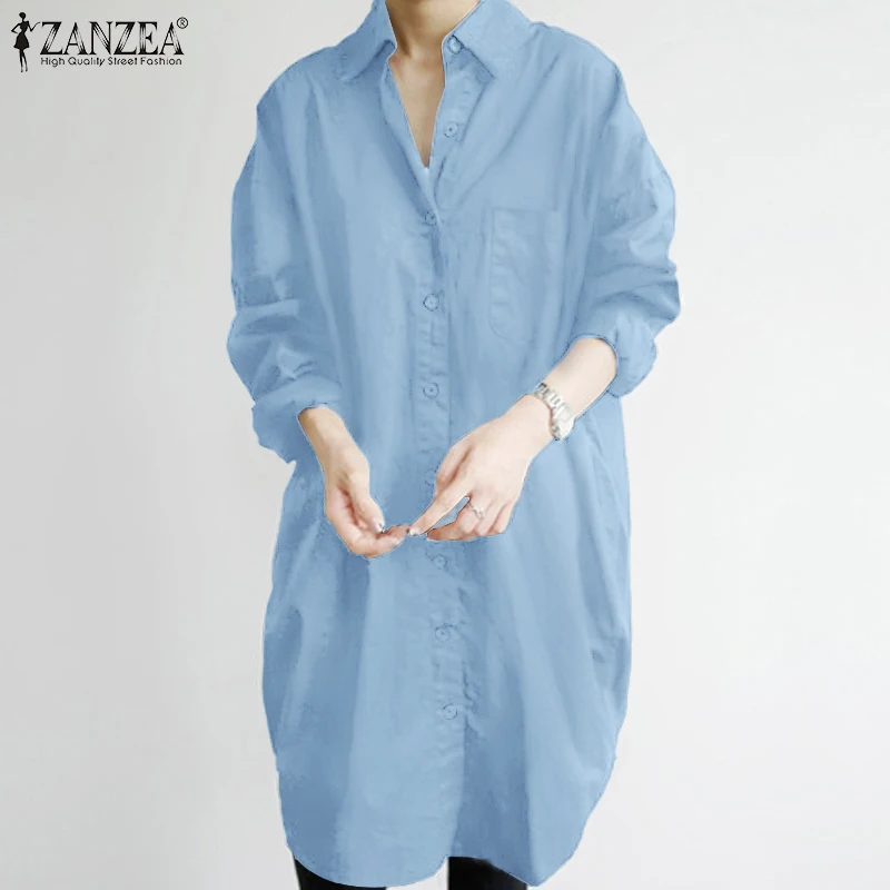 5XL Solid Skjorter, Afslappet, Kontor Bluse Uregelmæssige Hem Baggy Lang Tunika Toppe ZANZEA 2021 Fashion Kvinder Knap Ned Krave Blusa