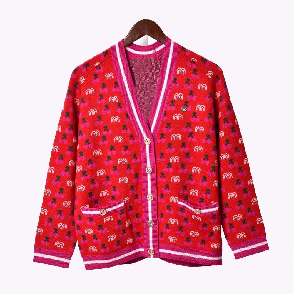 2020 Foråret Kvinders sød V-hals strikket frakke Høj kvalitet 47% Uld Cherry sweater, cardigans B685