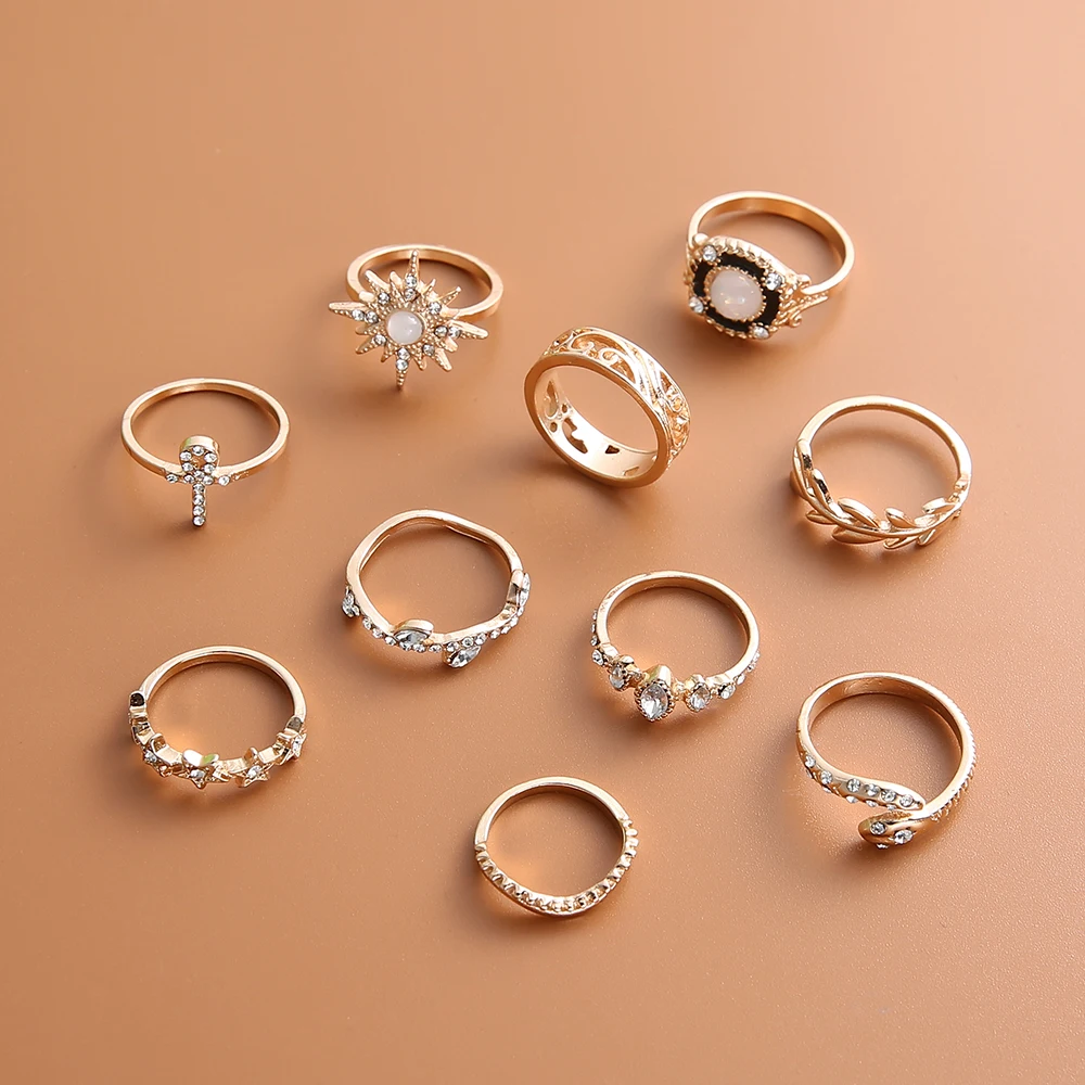 10 stk/sæt Vintage Blad Blomst Krystal Ringe Til Kvinder, Mode, Retro Geometriske Opal Finger-Ring Sæt Boheme Smykker Gaver 2020