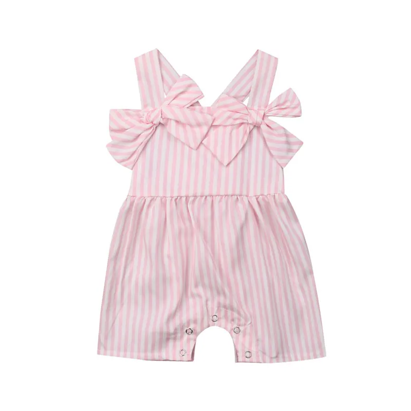 2019 Nyfødte Baby Pige Halterneck Sløjfeknude Buksedragt sød pink Stribet Flæsekanter rem Body Outfits 0-3Y
