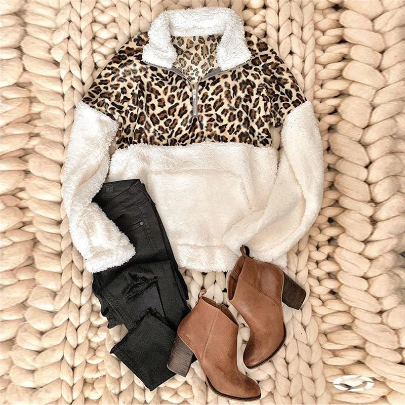 Vinteren Leopard Patchwork Fleece Trøjer Kvinder Mode Bløde Tyk Sweater Varm Lynlås Pullover Vinterfrakke Toppe