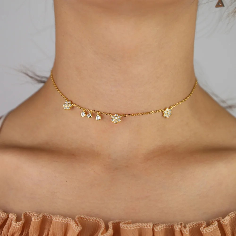 Mode-trendy kvinder, dame, smykker, guld, sølv farve, runde, cz blomst charme kort choker halskæde ny