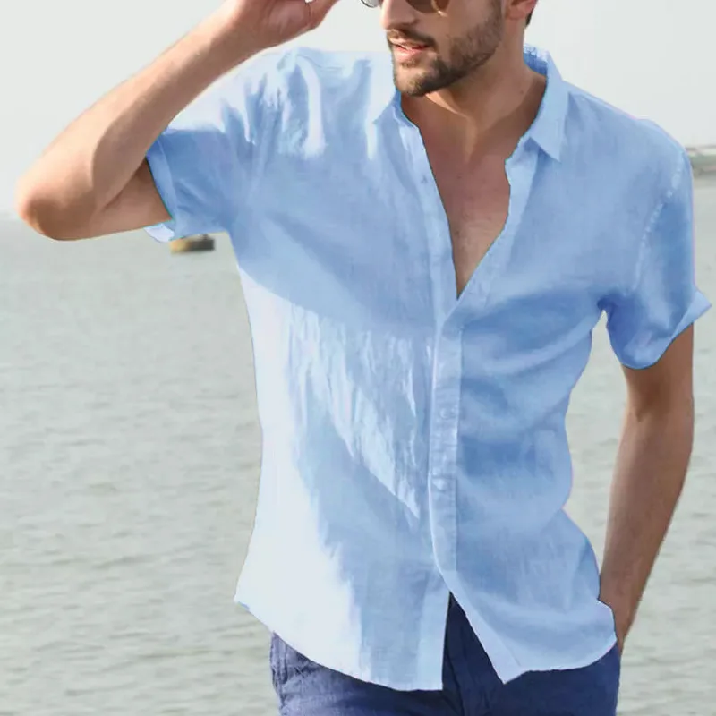 2020 Nye Sommer Mænd Shirt Baggy Bomuld Solid kortærmet V-Neck Retro Blouse Top Streetwear Camisas Hombre-Shirts M-XXXL