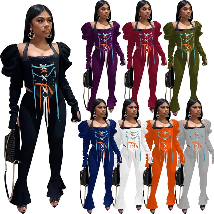 Mode Afslappet 2 STK Outfit Søde Solid Farve Bandage Afgrøde Top Og Flæsekanter Bukser Falde Kvinder, To-delt Sæt