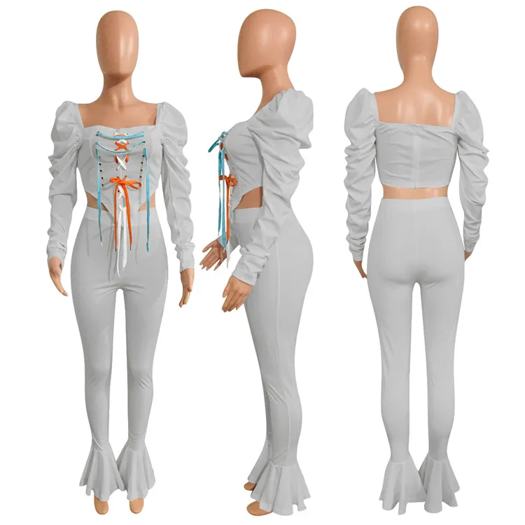 Mode Afslappet 2 STK Outfit Søde Solid Farve Bandage Afgrøde Top Og Flæsekanter Bukser Falde Kvinder, To-delt Sæt
