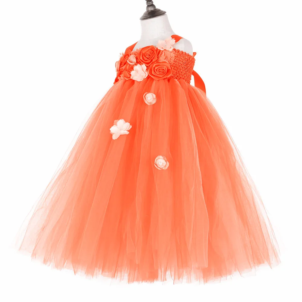 Orange, Hot Pink Blomst Tutu Pige Kjole Ankel-Længde Rose Blomster Piger Bryllup Part Kjole Kjole Tyl Børn Princess Dress 1-14Y