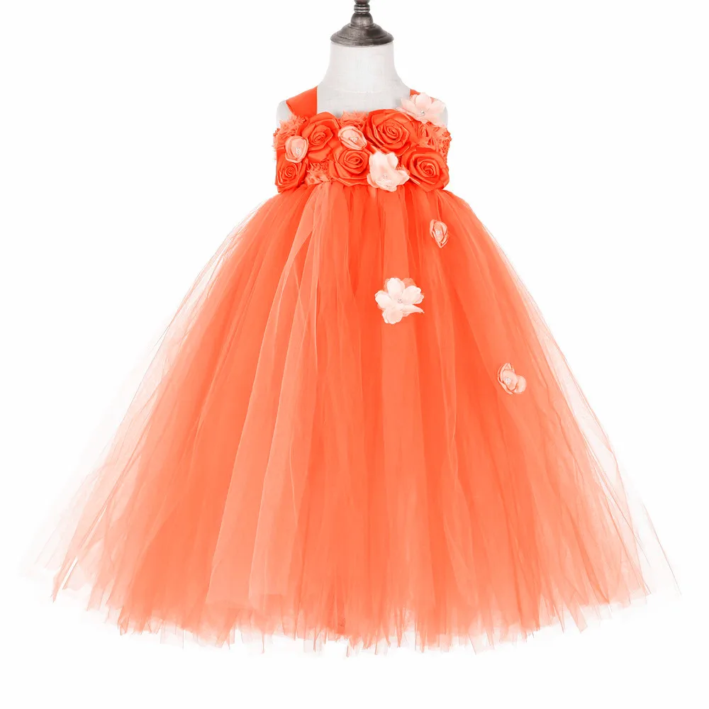 Orange, Hot Pink Blomst Tutu Pige Kjole Ankel-Længde Rose Blomster Piger Bryllup Part Kjole Kjole Tyl Børn Princess Dress 1-14Y