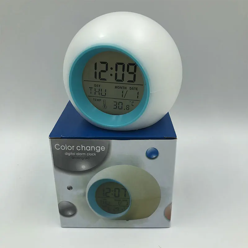 LED vækkeur lampe digitalt ur, termometer 8 farver skift lampe soveværelse night light bruser atmosfære lampe
