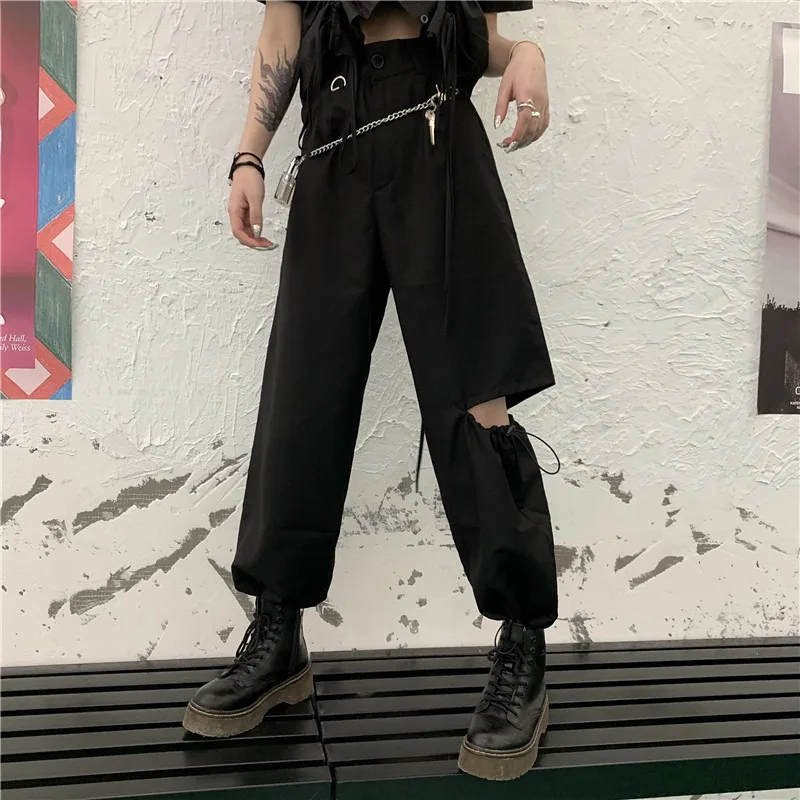 Vintage Mode Harajuku Cargo Bukser Sort Aftagelig Rem Bukser Kvindelige Elastisk Talje Streetwear Bukser 2020 Nye Casual Bukser