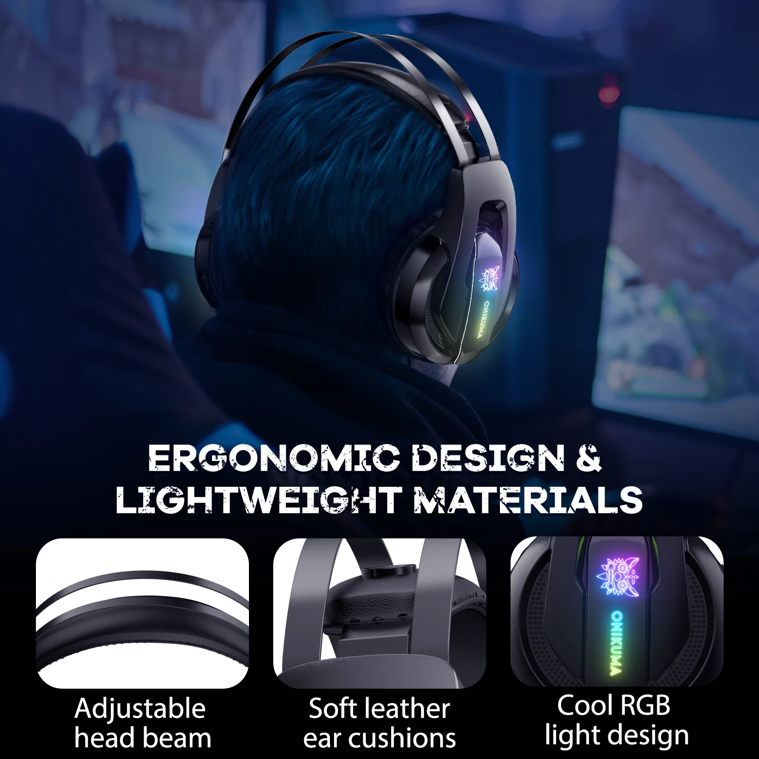 ONIKUMA PS4 Headset casque PC Surround Sound Stereo-Hovedtelefoner med Kabel med Mic Farverige Lys for Laptop/PS4 Gamepad/Xbox, En