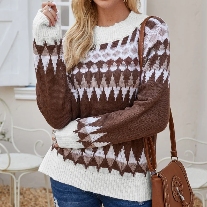 Geometrisk Mønster Løs Stå Krave Pullover Britisk Stil Vintage Strikket Sweater