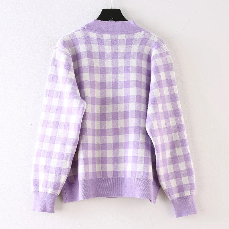 Kvinder Plaider Sweater Outwear Cardigan med V Neck i Efteråret Foråret Løs Oversize Strik Casual Vintage-B01121056