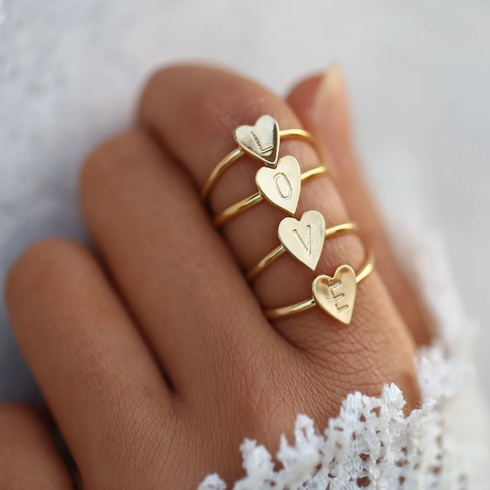 1 STK Enkel Guld Sølv Farve Hjertet A-Z Brev Ring For Kvinder Elsker Stemplet Minimalistisk Indledende Ringe til Kvinder, Oprindelige Smykker