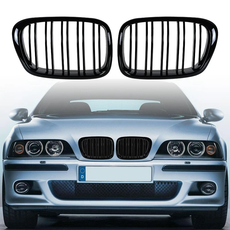 Blank Sort Front Hætte Nyre-Gitter i Grill ABS Dual Linje Kompatibel til BMW E39 5-Serie 525 528 1995-2004 Forreste Kofanger Gitter